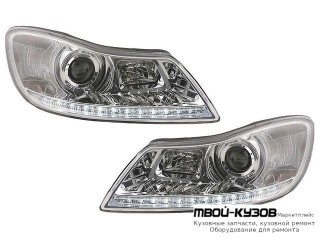 ФАРА ЛЕВАЯ + ПРАВАЯ (КОМПЛЕКТ) С СВЕТЯЩИЙСЯ ОБОДК КОРРЕКТОР ЛИНЗОВАННАЯ ДИОД (DEVIL EYES) (SONAR) ВНУТРИ ХРОМ для Skoda OCTAVIA (2008-2012)