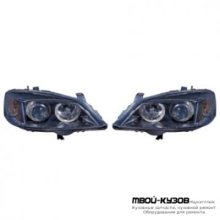 ФАРА ЛЕВАЯ + ПРАВАЯ (КОМПЛЕКТ) ПОД КОРРЕКТОР ТЮНИНГ ЛИНЗОВАННАЯ С СВЕТЯЩИЙСЯ ОБОДК ВНУТРИ ЧЁРНЫЙ (DEPO) для Opel ASTRA (03.1998 - 2003)