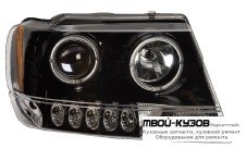 ФАРА ЛЕВАЯ + ПРАВАЯ (КОМПЛЕКТ) ТЮНИНГ ЛИНЗОВАННАЯ С 2 СВЕТЯЩИЙСЯ ОБОДК УКАЗАТЕЛЬ ПОВОРОТА ДИОД БЕЗ КОРРЕКТОР (EAGLE EYES) ВНУТРИ ЧЁРНЫЙ для Jeep GRAND CHEROKEE (1999-2005)