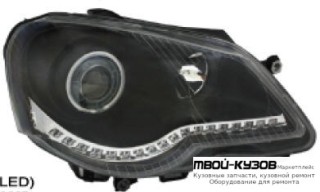 ФАРА ЛЕВАЯ + ПРАВАЯ (КОМПЛЕКТ) ТЮНИНГ (DEVIL EYES) С СВЕТЯЩИЙСЯ ОБОДК ДИОД ЛИНЗОВАННАЯ (EAGLE EYES) ВНУТРИ ЧЁРНЫЙ для Volkswagen POLO (08.2001 - 2009)