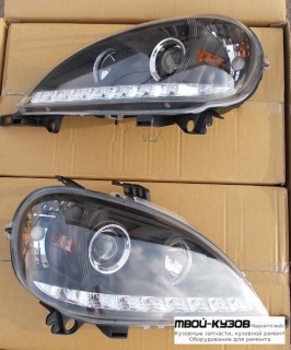 ФАРА ЛЕВАЯ + ПРАВАЯ (КОМПЛЕКТ) ТЮНИНГ (DEVIL EYES) ЛИНЗОВАННАЯ С ДИОД П/ПРОТИВОТУМ (JUNYAN) ВНУТРИ ЧЁРНЫЙ для Mercedes W163 (ML) (09.1998-)