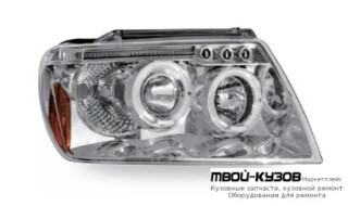 ФАРА ЛЕВАЯ + ПРАВАЯ (КОМПЛЕКТ) ТЮНИНГ ЛИНЗОВАННАЯ С СВЕТЯЩИЙСЯ ОБОДК (JUNYAN) ВНУТРИ ХРОМ для Jeep GRAND CHEROKEE (1999-2005)