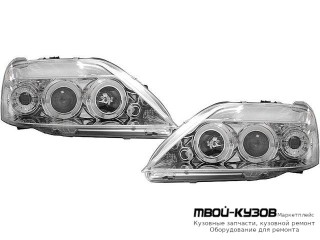 ФАРА ЛЕВАЯ + ПРАВАЯ (КОМПЛЕКТ) ТЮНИНГ ЛИНЗОВАННАЯ С СВЕТЯЩИЙСЯ ОБОДК (JUNYAN) ВНУТРИ ХРОМ для Renault LOGAN (2005-2014)