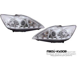 ФАРА ЛЕВАЯ + ПРАВАЯ (КОМПЛЕКТ) ТЮНИНГ ЛИНЗОВАННАЯ (DEVIL EYES) С СВЕТЯЩИЙСЯ ОБОДК (EAGLE EYES) ВНУТРИ ХРОМ для Ford FOCUS (2008-2010)