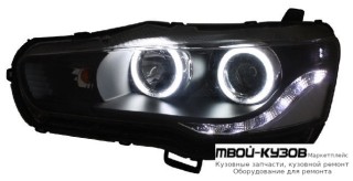 ФАРА ЛЕВАЯ + ПРАВАЯ (КОМПЛЕКТ) ТЮНИНГ ЛИНЗОВАННАЯ (DEVIL EYES) С СВЕТЯЩИЙСЯ ОБОДК БЕЗ КОРРЕКТОР (EAGLE EYES) ВНУТРИ ЧЁРНЫЙ для Mitsubishi LANCER (03.2007-)