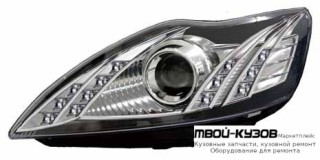 ФАРА ЛЕВАЯ + ПРАВАЯ (КОМПЛЕКТ) ТЮНИНГ ЛИНЗОВАННАЯ С ДИОД , КОРРЕКТОР ВНУТРИ (DEPO) ХРОМ для Ford FOCUS (2008-2010)