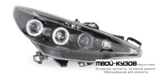 ФАРА ЛЕВАЯ + ПРАВАЯ (КОМПЛЕКТ) ТЮНИНГ ЛИНЗОВАННАЯ С ПРОТИВОТУМ С СВЕТЯЩИЙСЯ ОБОДК (JUNYAN) ВНУТРИ ЧЁРНЫЙ для Peugeot 207 (2005-)