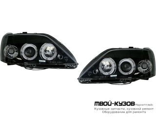 ФАРА ЛЕВАЯ + ПРАВАЯ (КОМПЛЕКТ) ТЮНИНГ ЛИНЗОВАННАЯ С СВЕТЯЩИЙСЯ ОБОДК (JUNYAN) ВНУТРИ ЧЁРНЫЙ для Renault LOGAN (2005-2014)