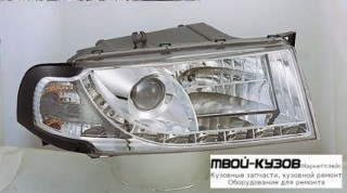 ФАРА ЛЕВАЯ + ПРАВАЯ (КОМПЛЕКТ) ТЮНИНГ ЛИНЗОВАННАЯ (DEVIL EYES) , ЛИТОЙ УКАЗАТЕЛЬ ПОВОРОТА С ПРОТИВОТУМ (SONAR) ВНУТРИ ХРОМ для Skoda OCTAVIA (04.1997 - 07.2000 08.2000-)