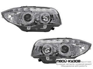 ФАРА ЛЕВАЯ + ПРАВАЯ (КОМПЛЕКТ) ТЮНИНГ ЛИНЗОВАННАЯ (DEVIL EYES) С 2 СВЕТЯЩИЙСЯ ОБОДК (JUNYAN) ВНУТРИ ХРОМ для BMW E87 (2003-)