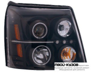 ФАРА ЛЕВАЯ + ПРАВАЯ (КОМПЛЕКТ) ТЮНИНГ ЛИНЗОВАННАЯ С СВЕТЯЩИЙСЯ ОБОДК БЕЗ КОРРЕКТОР (EAGLE EYES) ВНУТРИ ЧЁРНЫЙ для Cadillac ESCALADE (2002-2006)