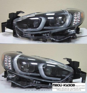 ФАРА ЛЕВАЯ + ПРАВАЯ (КОМПЛЕКТ) ТЮНИНГ ЛИНЗОВАННАЯ С СВЕТЯЩ.СЕКЦИЯМИ (EAGLE EYES) ВНУТРИ ЧЁРНЫЙ для Mazda 6 (2013-)
