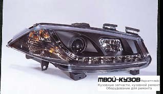 ФАРА ЛЕВАЯ + ПРАВАЯ (КОМПЛЕКТ) ТЮНИНГ ЛИНЗОВАННАЯ (DEVIL EYES) +/- ПОД КОРРЕКТОР (SONAR) ВНУТРИ ЧЁРНЫЙ для Renault MEGANE (2003-2007)