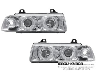 ФАРА ЛЕВАЯ + ПРАВАЯ (КОМПЛЕКТ) ТЮНИНГ (СЕДАН) (compact) С 2 СВЕТЯЩИЙСЯ ОБОДК , ЛИТОЙ УКАЗАТЕЛЬ ПОВОРОТА (JUNYAN) ВНУТРИ ХРОМ для BMW E36 (12.1990 - 01.2000)