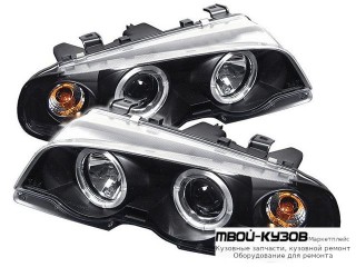 ФАРА ЛЕВАЯ + ПРАВАЯ (КОМПЛЕКТ) ТЮНИНГ ЛИНЗОВАННАЯ С 2 СВЕТЯЩИЙСЯ ОБОДК , ЛИТОЙ УКАЗАТЕЛЬ ПОВОРОТА (SONAR) ВНУТРИ ЧЁРНЫЙ для BMW E46 КУПЕ (10.1998 - 03.2003) (2003-2006)