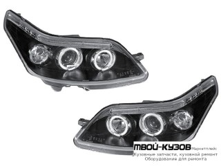 ФАРА ЛЕВАЯ + ПРАВАЯ (КОМПЛЕКТ) ТЮНИНГ ЛИНЗОВАННАЯ С СВЕТЯЩИЙСЯ ОБОДК (JUNYAN) ВНУТРИ ЧЁРНЫЙ для Citroen C4 (11.2004-) PICASSO (2006-)