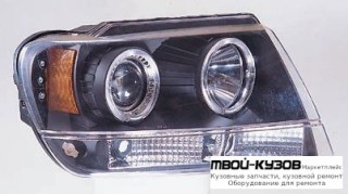 ФАРА ЛЕВАЯ + ПРАВАЯ (КОМПЛЕКТ) ТЮНИНГ ЛИНЗОВАННАЯ С 2 СВЕТЯЩИЙСЯ ОБОДК (SONAR) ВНУТРИ ЧЁРНЫЙ для Jeep GRAND CHEROKEE (1999-2005)