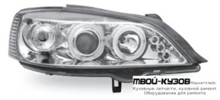 ФАРА ЛЕВАЯ + ПРАВАЯ (КОМПЛЕКТ) ТЮНИНГ ЛИНЗОВАННАЯ С 2 СВЕТЯЩИЙСЯ ОБОДК (JUNYAN) ВНУТРИ ХРОМ для Opel ASTRA (03.1998 - 2003)