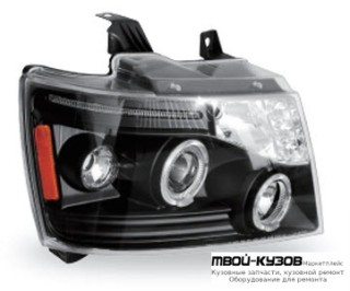 ФАРА ЛЕВАЯ + ПРАВАЯ (КОМПЛЕКТ) ТЮНИНГ ЛИНЗОВАННАЯ С СВЕТЯЩИЙСЯ ОБОДК (JUNYAN) ВНУТРИ ЧЁРНЫЙ для Chevrolet YUKON / SUBURBAN / TAHOE / AVALANCHE (2007-2011)
