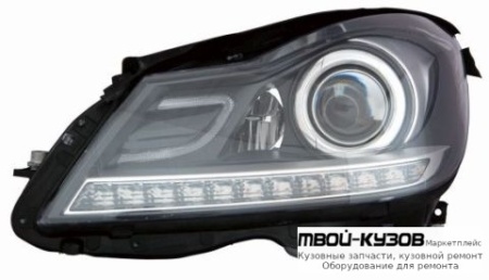 ФАРА ЛЕВАЯ + ПРАВАЯ (КОМПЛЕКТ) ТЮНИНГ С ДИОД СВЕТЯЩ.СЕКЦИЯМИ КОРРЕКТОР ВНУТРИ (DEPO) ЧЁРНЫЙ для Mercedes W204 (2007-)