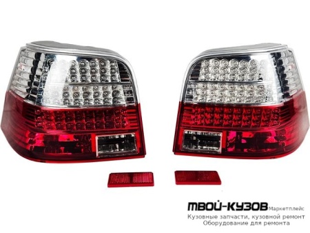 ФОНАРЬ ЗАДНИЙ ВНЕШНИЙ ЛЕВАЯ + ПРАВАЯ (КОМПЛЕКТ) ТЮНИНГ ПРОЗРАЧНЫЙ ХРУСТАЛ С ДИОД СТОП СИГНАЛ (DEPO) КРАСНЫЙ-БЕЛ для Volkswagen GOLF IV (10.1997-)