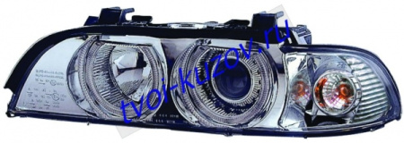 E39 ФАРА лев. и прав. (КОМПЛЕКТ) ТЮНИНГОВАН. с СВЕТЯЩ ОБОДК с хрустальн. указ. поворота с РЕГ.МОТОР внутри хромирован