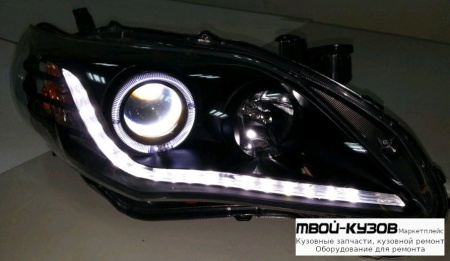 ФАРА ЛЕВАЯ + ПРАВАЯ (КОМПЛЕКТ) (СЕДАН) ТЮНИНГ ЛИНЗОВАННАЯ (DEVIL EYES) С ДИОД СВЕТЯЩИЙСЯ ОБОДК +/- ПОД КОРРЕКТОР ВНУТРИ ЧЁРНЫЙ для Toyota COROLLA E150 (2006-) СЕДАН