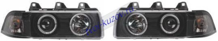 E36 ФАРА и УКАЗАТЕЛЬ ПОВОРОТА лев. и прав. (КОМПЛЕКТ) ЛИТОЙ (СЕДАН) (compact) ТЮНИНГОВАН. прозрачн. с СВЕТЯЩ ОБОДК ВНУТРИ черного цвета