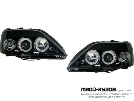 ФАРА ЛЕВАЯ + ПРАВАЯ (КОМПЛЕКТ) ТЮНИНГ ЛИНЗОВАННАЯ С СВЕТЯЩИЙСЯ ОБОДК (JUNYAN) ВНУТРИ ЧЁРНЫЙ для Renault LOGAN (2005-2014)