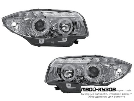 ФАРА ЛЕВАЯ + ПРАВАЯ (КОМПЛЕКТ) ТЮНИНГ ЛИНЗОВАННАЯ (DEVIL EYES) С 2 СВЕТЯЩИЙСЯ ОБОДК (JUNYAN) ВНУТРИ ХРОМ для BMW E87 (2003-)