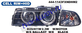 e38 фары левая+правая (комплект) с поворотник (ксенон) с -d1s- с блок упр.ксеноном -philips (в сборе с электро корректором) тюнинг линзован с 2 светящ ободк черн 444-1143FXNDHM2