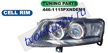 audi a6 фары левая+правая (комплект) тюнинг (под электро корректор) линзован с 2 светящ ободк внутри хром 446-1115PXNDEM1