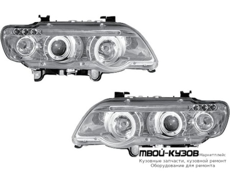 ФАРА ЛЕВАЯ + ПРАВАЯ (КОМПЛЕКТ) ТЮНИНГ ЛИНЗОВАННАЯ С СВЕТЯЩИЙСЯ ОБОДК (JUNYAN) ВНУТРИ ХРОМ для BMW E53 X5 (1999-2004.2004 - 2006)