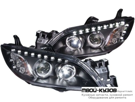 ФАРА ЛЕВАЯ + ПРАВАЯ (КОМПЛЕКТ) (СЕДАН) ТЮНИНГ ЛИНЗОВАННАЯ (DEVIL EYES) С ДИОД УКАЗАТЕЛЬ ПОВОРОТА (EAGLE EYES) ВНУТРИ ЧЁРНЫЙ для Mazda 3 (2004-)