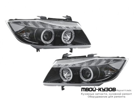 ФАРА ЛЕВАЯ + ПРАВАЯ (КОМПЛЕКТ) ТЮНИНГ ЛИНЗОВАННАЯ (DEVIL EYES) С СВЕТЯЩИЙСЯ ОБОДК (JUNYAN) ВНУТРИ ЧЁРНЫЙ для BMW E90 СЕДАН / E91 УНИВЕРСАЛ (3 SERIES) (2004-)