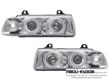 ФАРА ЛЕВАЯ + ПРАВАЯ (КОМПЛЕКТ) ТЮНИНГ (СЕДАН) (compact) С 2 СВЕТЯЩИЙСЯ ОБОДК , ЛИТОЙ УКАЗАТЕЛЬ ПОВОРОТА (JUNYAN) ВНУТРИ ХРОМ для BMW E36 (12.1990 - 01.2000)