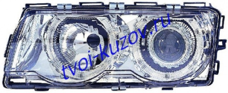 E38 ФАРА и УКАЗАТЕЛЬ ПОВОРОТА лев. и прав. (КОМПЛЕКТ) с РЕГ.МОТОР ТЮНИНГОВАН. линзованная с 2 СВЕТЯЩ ОБОДК внутри хромирован