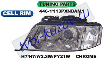 audi a6 фары левая+правая (комплект) тюнинг линзован с 2 светящ ободк внутри хром 446-1113PXNDAM1