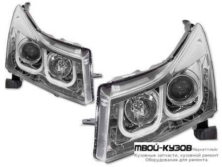 ФАРА ЛЕВАЯ + ПРАВАЯ (КОМПЛЕКТ) ТЮНИНГ ЛИНЗОВАННАЯ (DEVIL EYES) С СВЕТЯЩИЙСЯ ОБОДК БЕЗ КОРРЕКТОР (EAGLE EYES) ВНУТРИ ХРОМ для Chevrolet CRUZE (2009-)