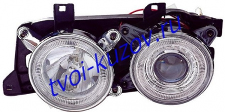 E30 ФАРА лев. и прав. (КОМПЛЕКТ) ТЮНИНГОВАН. прозрачн. с 2 СВЕТЯЩ ОБОДК