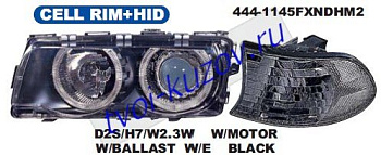 e38 фара +указ.поворота л+п (комплект) (ксенон) с -d1s- с блок упр.ксеноном -philips (в сборе с электро корректором) тюнинг линзован с 2 светящ ободк черн 444-1145FXNDHM2
