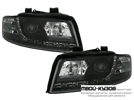 ФАРА ЛЕВАЯ + ПРАВАЯ (КОМПЛЕКТ) ТЮНИНГ ЛИНЗОВАННАЯ (DEVIL EYES) +/- ПОД КОРРЕКТОР (SONAR) ВНУТРИ ЧЁРНЫЙ для Audi A4 (02.2001 - 2004)