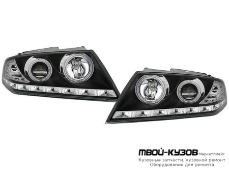 ФАРА ЛЕВАЯ + ПРАВАЯ (КОМПЛЕКТ) ТЮНИНГ ЛИНЗОВАННАЯ ВНУТРИ С СВЕТЯЩИЙСЯ ОБОДК С КОРРЕКТОР (EAGLE EYES) ВНУТРЕН ЧЁРНЫЙ для Skoda OCTAVIA (2004-2008)