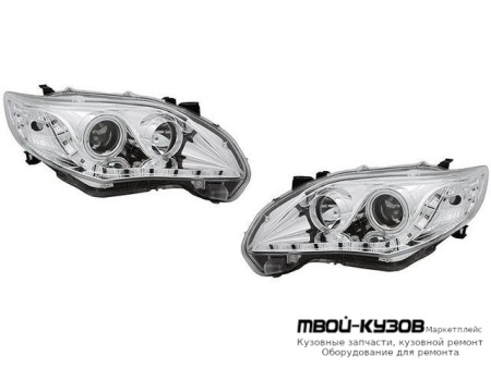ФАРА ЛЕВАЯ + ПРАВАЯ (КОМПЛЕКТ) (СЕДАН) ТЮНИНГ ЛИНЗОВАННАЯ (DEVIL EYES) С СВЕТЯЩИЙСЯ ОБОДК +/- ПОД КОРРЕКТОР ВНУТРИ ХРОМ для Toyota COROLLA E150 (2006-) СЕДАН