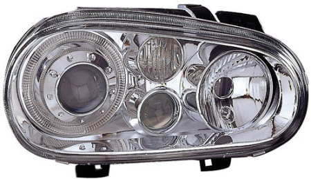 GOLF ФАРА лев. и прав. (КОМПЛЕКТ) ТЮНИНГОВАН. с СВЕТЯЩ ОБОДК линзованная с противотуманкой внутри хромирован