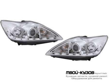 ФАРА ЛЕВАЯ + ПРАВАЯ (КОМПЛЕКТ) ТЮНИНГ ЛИНЗОВАННАЯ (DEVIL EYES) С СВЕТЯЩИЙСЯ ОБОДК (EAGLE EYES) ВНУТРИ ХРОМ для Ford FOCUS (2008-2010)