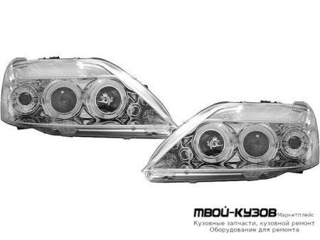 ФАРА ЛЕВАЯ + ПРАВАЯ (КОМПЛЕКТ) ТЮНИНГ ЛИНЗОВАННАЯ С СВЕТЯЩИЙСЯ ОБОДК (JUNYAN) ВНУТРИ ХРОМ для Renault LOGAN (2005-2014)