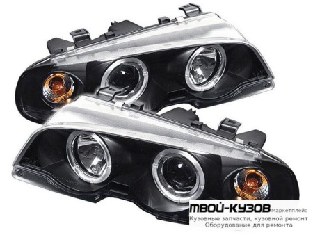 ФАРА ЛЕВАЯ + ПРАВАЯ (КОМПЛЕКТ) ТЮНИНГ ЛИНЗОВАННАЯ С 2 СВЕТЯЩИЙСЯ ОБОДК , ЛИТОЙ УКАЗАТЕЛЬ ПОВОРОТА (SONAR) ВНУТРИ ЧЁРНЫЙ для BMW E46 КУПЕ (10.1998 - 03.2003) (2003-2006)
